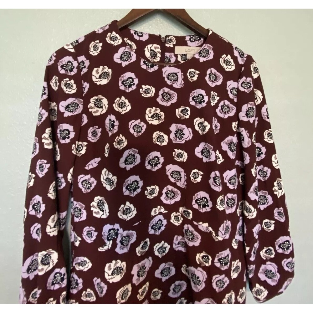 Ann Taylor Loft‎ dress Sz 2 Floral Long Sleeve Purple Plum Poppy Flowers dress